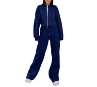Gym Tracksuit Womens Full Set, Zip Up Sweatshirt Jacket Round Neck Long Sleeve Coat Drawstring Elasticated Waist Pants Wide Leg Trousers Light Leisure Gym Workout Sweatsuit Streetwear Blue