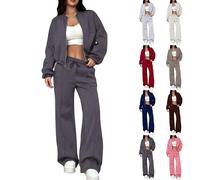Gym Tracksuit Womens Full Set, Zip Up Sweatshirt Jacket Round Neck Long Sleeve Coat Drawstring Elasticated Waist Pants Wide Leg Trousers Light Leisure Gym Workout Sweatsuit Streetwear Dark Gray