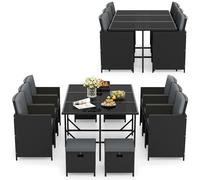 Gymax 11 PCS Patio Dining Set With Tempered Glass Table & Ottomans in Grey Gymax Grey