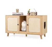 GYMAX 2-Door Cat Litter Box Enclosure, Large Hidden Privacy Kitty Washroom Furniture Cabinet with Winding Entry and Scratching Board, Indoor Cat House TV Stand Side Table (Natural)