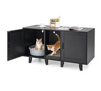 GYMAX 2-Door Cat Litter Box Enclosure, Large Stackable Hidden Privacy Kitty Washroom Furniture Cabinet with Winding Entry and Scratching Board, Indoor Cat House TV Stand Side Table (Black)
