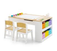 Gymax 2-in-1 Art Table Set With Chairs Wood Art Table & Art Easel Set in Light Khaki Gymax Light Khaki