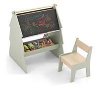 GYMAX 2-in-1 Kids Art Easel, Toddler Wooden Painting Drawing Easel with Chair, Double-Sided Chalkboard, Paper Roll Holder & Storage Rack, Children Activity Table and Chair Set for Boys Girls