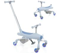 GYMAX 2 in 1 Kids Ride on Push Car, Push Along Car with Adjustable Handle, LED Lighted Wheels, Foldable Footrests & Rear Storage Basket, Plane-Themed Toddler Sliding Toy for 18-60 Months Old (Blue)