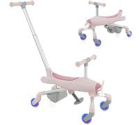 GYMAX 2 in 1 Kids Ride on Push Car, Push Along Car with Adjustable Handle, LED Lighted Wheels, Foldable Footrests & Rear Storage Basket, Plane-Themed Toddler Sliding Car for 18-60 Months Old (Pink)