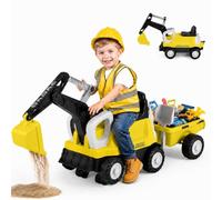 GYMAX 2-in-1 Kids Ride on Tractor, Foot-to-Floor Sliding Car (Yellow) | Detachable Trailer, Rake, Shovel, Storage, Toddler Riding Push Car Excavator Toy for Boys Girls