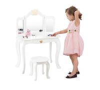 Gymax 2 in 1 Kids Vanity Dressing Table & Chair Set With Tri-fold Mirror & Drawer in White Gymax White
