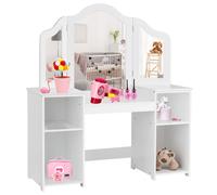 Gymax 2 In 1 Kids Vanity Table Makeup Table With Tri-Folding Mirror & Shelves in White Gymax White