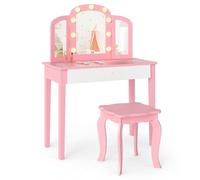 Gymax 2-in-1 Princess Vanity Table & Stool With Tri-Folding Lighted Mirror in Pink Gymax Pink