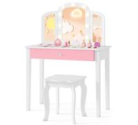 Gymax 2-in-1 Princess Vanity Table & Stool With Tri-Folding Lighted Mirror in White Gymax White