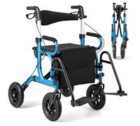 GYMAX 2 in 1 Rollator Walker for Seniors, Medical Walker with Seat, Folding Transport Wheelchair Rollator with Large Wheels, Reversible Backrest, Footrests, Aluminum Mobility Walking Aid (Blue)