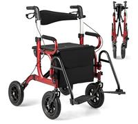 GYMAX 2 in 1 Rollator Walker for Seniors, Medical Walker with Seat, Folding Transport Wheelchair Rollator with Large Wheels, Reversible Backrest, Footrests, Aluminum Mobility Walking Aid (Red)