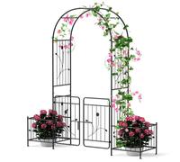 Gymax 220cm Garden Arbour Metal Arch Trellis With Side Planters Lockable Gate in Black Gymax Black