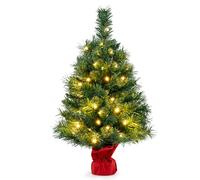 GYMAX 2FT/ 60CM Table Top Christmas Tree, Pre Lit 35 LED Desk Green Xmas Tree with Base, Small Indoor Christmas Decoration and Gift（Green, With 35 LED Lights）