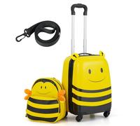 GYMAX 2Pcs Kids Luggage Set, 12" Backpack & 16" Children Hardshell Suitcase with Wheels & Anti-Lose Rope, Boys Girls Carry On Luggage Set for Travel School