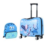 GYMAX 2Pcs Kids Luggage Set, 12" Backpack & 18" Children Hand Trolley Case with Wheels and Anti-Lose Rope, Girls Boys Carry On Suitcase for Travel School (Blue)