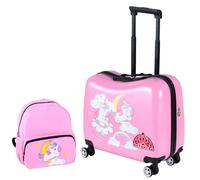 GYMAX 2Pcs Kids Luggage Set, 12" Backpack & 18" Children Hand Trolley Case with Wheels and Anti-Lose Rope, Girls Boys Carry On Suitcase for Travel School (Pink)