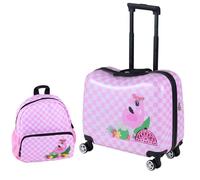 GYMAX 2Pcs Kids Luggage Set, 12" Backpack & 18" Children Hand Trolley Case with Wheels and Anti-Lose Rope, Girls Boys Carry On Suitcase for Travel School