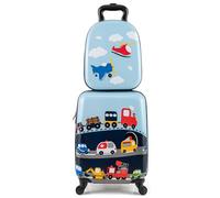 GYMAX 2Pcs Kids Luggage Set, 13" Backpack & 16" Children Hardshell Suitcase with Wheels & Telescopic Handle, Boys Girls Carry On Luggage Set for Travel School (Light Blue)