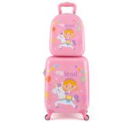 GYMAX 2Pcs Kids Luggage Set, 13" Backpack & 16" Children Hardshell Suitcase with Wheels & Telescopic Handle, Boys Girls Carry On Luggage Set for Travel School (Pink)