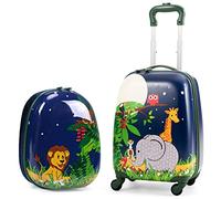 GYMAX 2Pcs Kids Luggage Set, 16"/18" & 12" Girls Suitcase and Backpack Set with 4 Spinner Wheels, Hard Shell Children Trolley Case for Travel School (Elephant+Lion, 12" & 16")