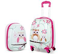 GYMAX 2Pcs Kids Luggage Set, 16"/18" & 12" Girls Suitcase and Backpack Set with 4 Spinner Wheels, Hard Shell Children Trolley Case for Travel School (Light Green+Pink, 12" & 16")
