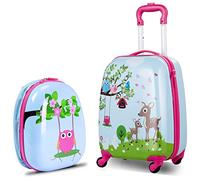 GYMAX 2Pcs Kids Luggage Set, 16"/18" & 12" Girls Suitcase and Backpack Set with 4 Spinner Wheels, Hard Shell Children Trolley Case for Travel School (Pink+Blue, 12" & 16")