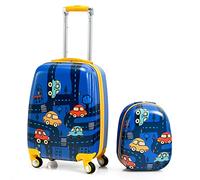 GYMAX 2Pcs Kids Luggage Set, 16"/18" & 12" Girls Suitcase and Backpack Set with 4 Spinner Wheels, Hard Shell Children Trolley Case for Travel School (Navy Blue,12" & 18")