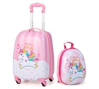 GYMAX 2Pcs Kids Luggage Set, 16"/18" & 12" Girls Suitcase and Backpack Set with 4 Spinner Wheels, Hard Shell Children Trolley Case for Travel School (Pink, 12" & 16")