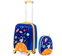 GYMAX 2Pcs Kids Luggage Set, 16"/18" & 12" Girls Suitcase and Backpack Set with 4 Spinner Wheels, Hard Shell Children Trolley Case for Travel School (Dark Blue, 12" & 18")