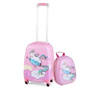 GYMAX 2Pcs Kids Luggage Set, 16"/18" & 12" Girls Suitcase and Backpack Set with 4 Spinner Wheels, Hard Shell Children Trolley Case for Travel School (Pink, 12" & 18")