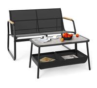 Gymax 2PCS Outdoor Loveseat Set With Coffee Table 2 Storage Basket Armrest in Black Gymax Black