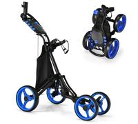 GYMAX 3/4 Wheels Golf Push Pull Cart, Lightweight Height Adjustable Golf Trolley with Storage Bag, Foot Brake, Umbrella Holder and Built-in Cooler, Foldable Golf Bag Holder (4 Wheels, Blue)