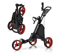 GYMAX 3/4 Wheels Golf Push Pull Cart, Lightweight Height Adjustable Golf Trolley with Storage Bag, Foot Brake, Umbrella Holder and Built-in Cooler, Foldable Golf Bag Holder (3 Wheels, Red)