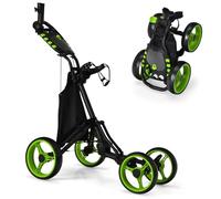 GYMAX 3/4 Wheels Golf Push Pull Cart, Lightweight Height Adjustable Golf Trolley with Storage Bag, Foot Brake, Umbrella Holder and Built-in Cooler, Foldable Golf Bag Holder (4 Wheels, Green)