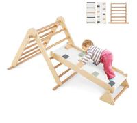 GYMAX 3 in 1 Kids Climbing Set, Foldable Wooden Toddler Climber with Reversible Ramp, Indoor Climbing Frame for 3+ Years Old Boys Girls (Natural)