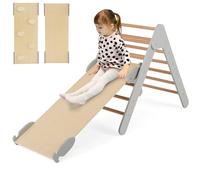 GYMAX 3 in 1 Kids Climbing Set, Wooden Toddler Climber with Reversible Ramp, Outdoor Indoor Montessori Climbing Toys for 3 Years Old + Boys Girls (Grey+Natural)