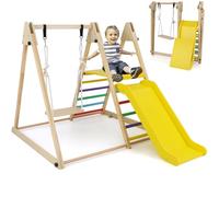 GYMAX 3 in 1 Kids Climbing Set, Wooden Toddler Swing Climber Set with Slide & Adjustable Rope, Indoor Playground Children Climbing Frame for 3 Years Old + Boys Girls (Colorful)