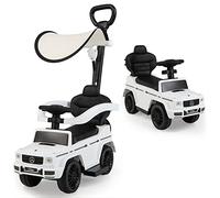 GYMAX 3 in 1 Kids Ride on Push Car, Licensed Mercedes Benz Push Along Car with Handle, Guardrails, Adjustable Canopy, Horn & Sound, Underneath Storage, Toddler Sliding Toy for Boys Girls (White)