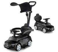 GYMAX 3 in 1 Kids Ride on Push Car, Mercedes-Benz Licensed Push Along Car with Handle, Guardrails, Adjustable Canopy, Horn & Sound, Underneath Storage, Toddler Sliding Toy for 18-36 Months Old (Black)