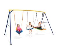 GYMAX 3 in 1 Kids Swing Set, Heavy Duty Metal Swing Frame with Belt Swing, Rectangular Swing&Adjustable Swing Seat, Outdoor Children Playground Set for 3-10 Years Old, Max Weight 300kg (350x182x195cm)