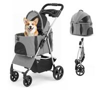 GYMAX 3-in-1 Pet Stroller, One-Click Foldable Dog Stroller (Grey)