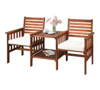 Gymax 3 PCS Acacia Coffee Table Chairs Set Loveseat Set With Umbrella Hole in Brown Gymax Brown