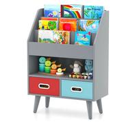 Gymax 3-Tier Bookshelf Toy Storage With 2 Folding Fabric Drawers Display Rack in Grey Gymax Grey
