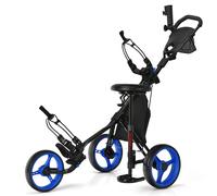 Gymax 3-Wheel Golf Push Pull Cart Folding Golf Trolley With Hydraulic Seat in Blue Gymax Blue