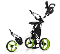 Gymax 3-Wheel Golf Push Pull Cart Folding Golf Trolley With Hydraulic Seat in Green Gymax Green