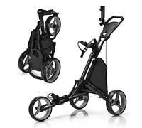 GYMAX 3 Wheels Golf Push Pull Cart, Lightweight Height Adjustable Golf Trolley with Storage Bag, Foot Brake, Umbrella Holder and Built-in Cooler, Foldable Golf Bag Holder (Gray)