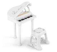 GYMAX 31 Keys Kids Piano and Stool, Electronic Keyboard Children Grand Piano with Microphone, LED Teaching Mode & Record Playback, Musical Instrument Educational Toy for Age 3+ Year Old (White)