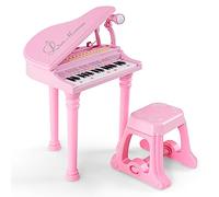 GYMAX 31 Keys Kids Piano and Stool, Electronic Keyboard Children Grand Piano with Microphone, LED Teaching Mode & Record Playback, Musical Instrument Educational Toy for Age 3+ Year Old (Pink)