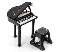 GYMAX 31 Keys Kids Piano and Stool, Electronic Keyboard Children Grand Piano with Microphone, LED Teaching Mode & Record Playback, Musical Instrument Educational Toy for Age 3+ Year Old (Black)